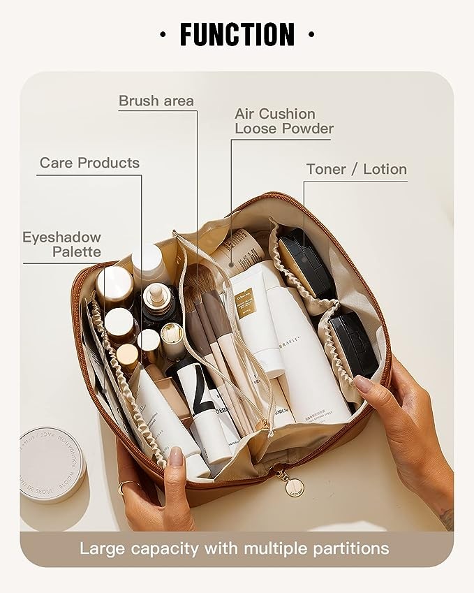 EACHY Travel Makeup Bag,Large Capacity Cosmetic Bags for Women,Waterproof Portable Pouch Open Flat Toiletry Bag Make up Organizer with Divider and Handle