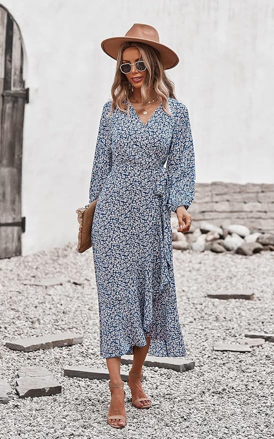 Pretty Garden Womens Long Sleeve Vintage Flowy Dress Floral Print V Neck Maxi Dresses With Belt