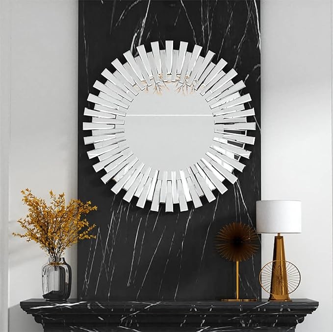 SHYFOY Decorative Mirrors for Wall Home Decor Round Wall Mirror 32 inch Large Modern Silver Mirrors Glass Wall Art Sunburst Wall-Mounted Hanging Accent Mirrors Living Room Bedroom Fireplace Decor
