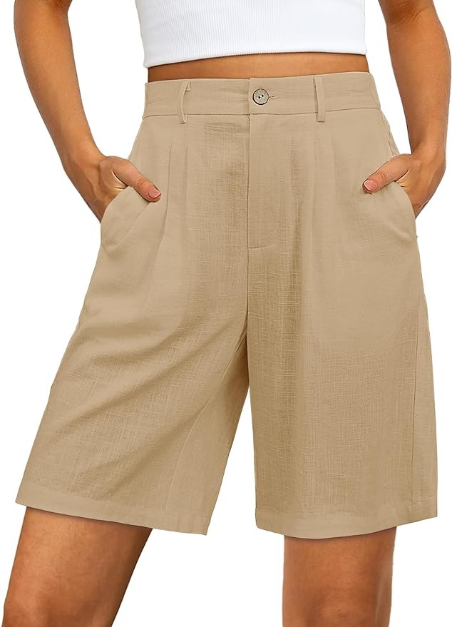 luvamia Bermuda Shorts for Women High Waisted Linen Dressy Casual Pleated Wide Leg Summer Shorts with Elastic Waist