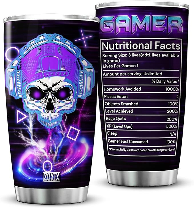 ZOXIX Gamer Coffee Tumbler Nutritional Facts Stainless Steel Mug With Lid 20oz Insulated Cup Vacuum Novelty Game Lovers Gifts Skull Mugs For Gamers Gaming Tumblers For Boys