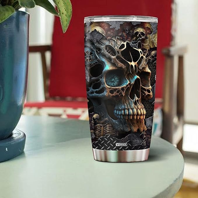 WONWIX Skull Tumbler, Birthday Gifts For Men Who Love Skulls Coffee Mug Cup Christmas Valentine Gift Water Bottle Black Tumblers 20oz Stainless Steel Travel Cups With Lid