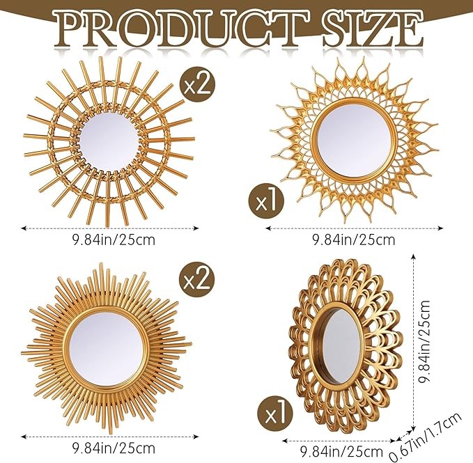 Namalu 6 Pcs Mirrors for Wall Decor, Small Circle Sun Mirrors Espejos Decorative Wall Art Entryway Mirror Hanging Circle Mirror for Wall Home Decor Bathroom Bedroom Living Room (Gold,Classic)