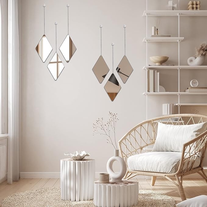 6 Pack Mirror Wall Decor Set with 2 Screwdriver Diamond Hanging Wall Mirror with Chain Silver Frame Decorative Chain Mirror for Home Living Room Entryways Bathroom Farmhouse Wall Decor, 10.8x6.7inches