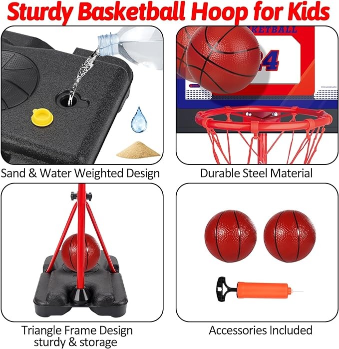 Kids Basketball Hoop Adjustable Height 3.5 ft-6.2 ft Indoor & Outdoor Portable Toddler Basketball Goal with Ball Pump Yard Games Coolest Toys for Boy Girl Age 2-4-6-8 First Gift Playset