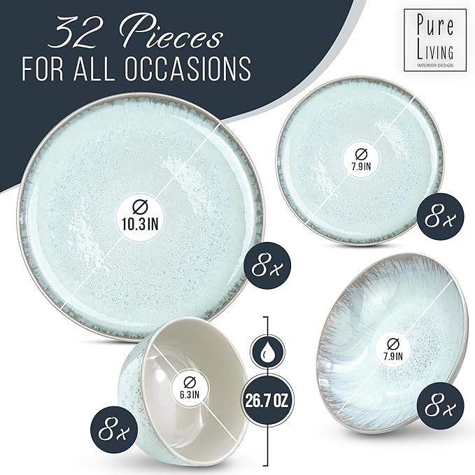 32 Piece Dinnerware Sets for 8 - Mediterranean Stoneware Dinnerware Set - Microwave Safe Dinner Plates and Bowls Sets for 8, Ceramic Dish Set, Bowl and Plate Sets for 8, Beige Blue Dishes Set for 8