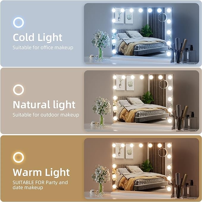 RICHTOP Hollywood Lighted Makeup Mirror, Vanity Mirror with Lights w/ 15pcs 3 Colors Light Dimmable LED Bulbs with 10X Magnification, Tabletop & Wall Mounted Mirror with Plug-in and USB Port