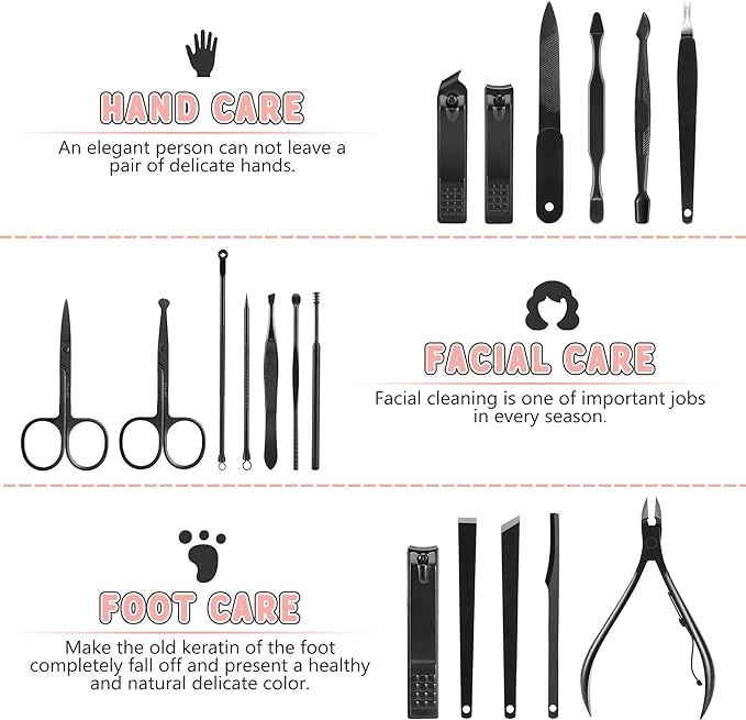 Manicure Set, Jubolion 19pcs Stainless Steel Professional Nail Clippers Pedicure Set with Black Leather Storage Case, Portable Grooming Kit for Travel or Home, Perfect Gifts Women and Men (Black)