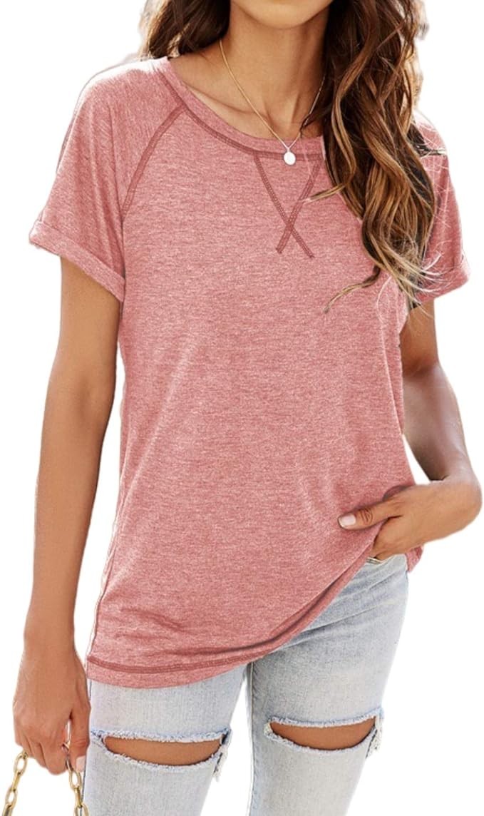 ayreus Women's Casual Short Sleeve T Shirts Crewneck Raglan Tees Side Split Summer Tunic Tops