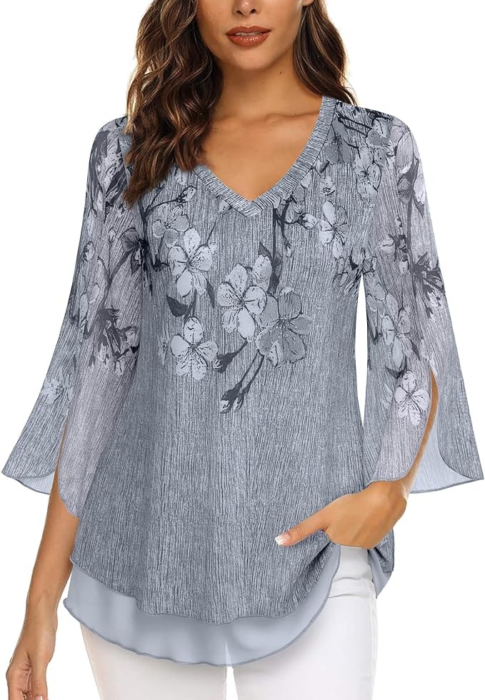 Timeson Women's 3/4 Sleeve Floral Blouses Shirts Double Layers V Neck Dressy Tunics Tops