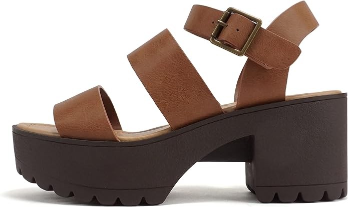 Soda ACCOUNT ~ Women Open Toe Two Bands Lug sole Fashion Block Heel Sandals with Adjustable Ankle Strap
