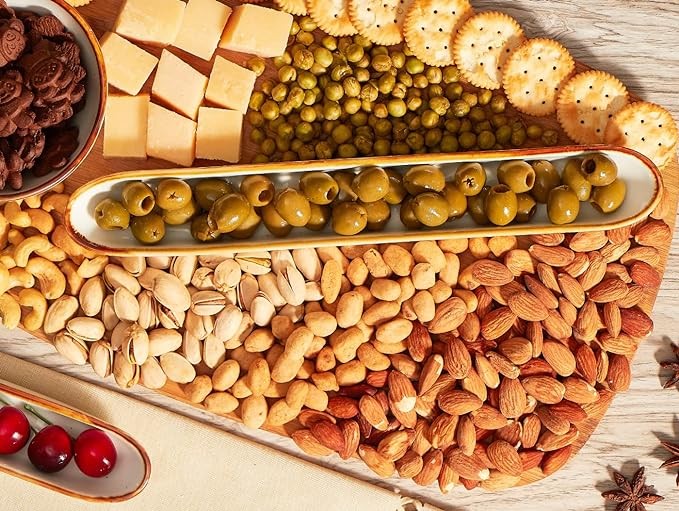 ONEMORE Olive Tray 12 inch Olive Boat, Narrow Olive Tray for Charcuterie Party Buffets - Ceramic Olive Plate Olive Canoe Serving Tray for Appetizers, Snacks, Brined Cheeses - Set of 2, Creamy White