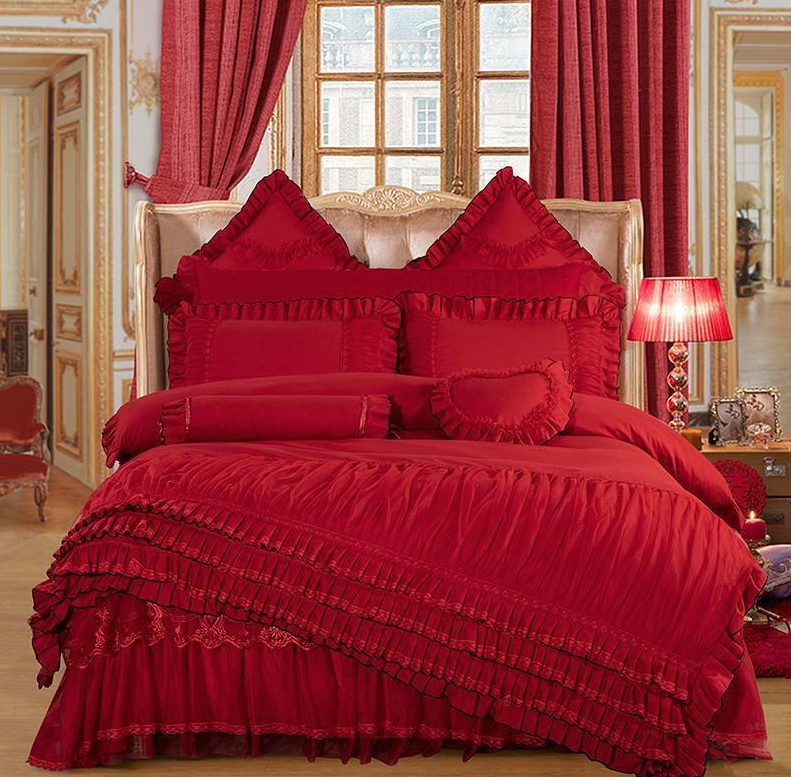 Layers Ruffles Lace Princess Pink Wedding Bedding Set Duvet Cover Bed Skirt NEW
