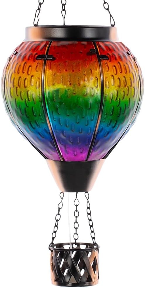 DREAMSOUL Hot Air Balloon Solar Lantern with Candle Holder, Glass Hanging Solar Lantern with Flickering Flame, Solar Lanterns Outdoor Waterproof for Lawn, Patio, Porch, Tree Decor